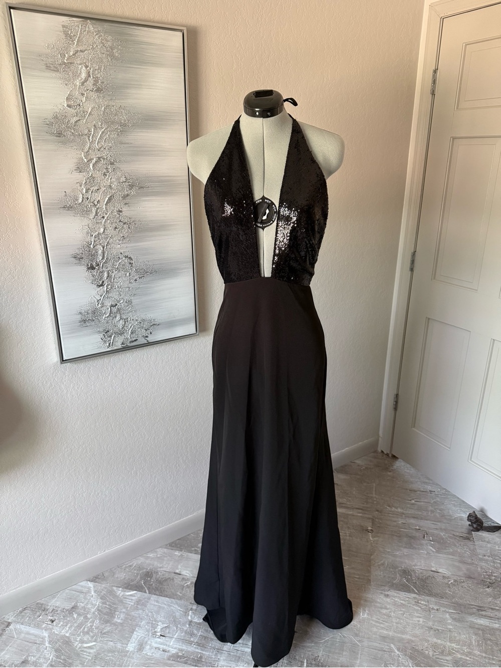 Halston Heritage Black Sequin Halter Backless Evening Gown crisscross or deep V